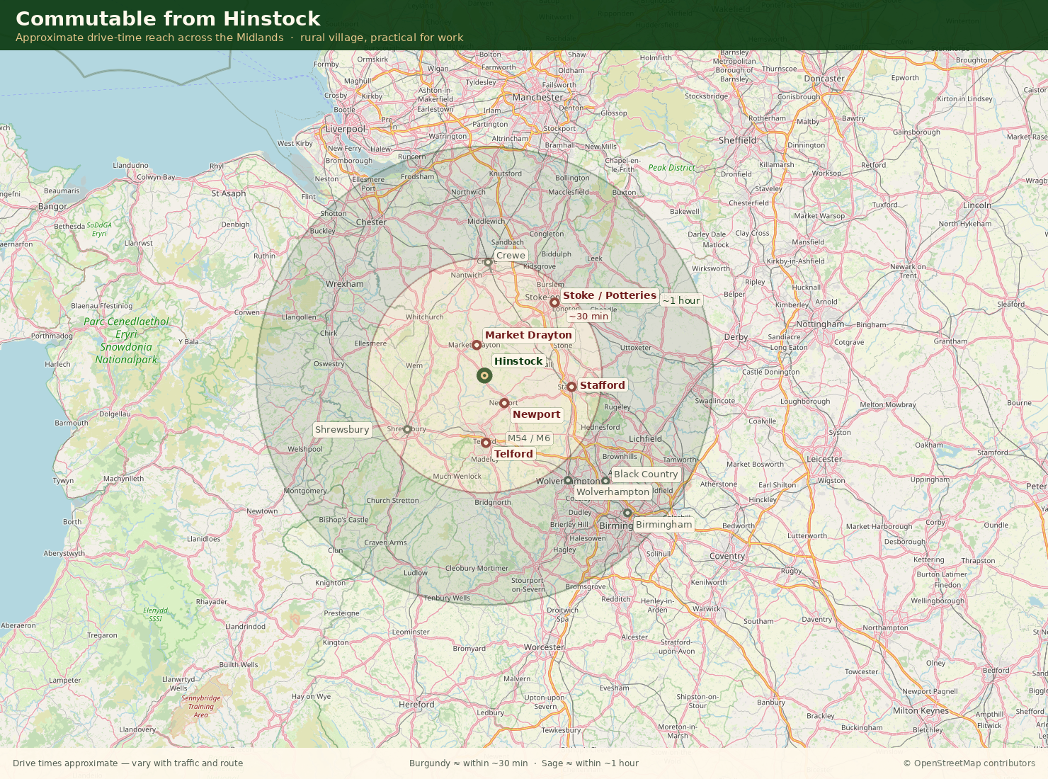 Map showing approximate commute reach from Hinstock to nearby Midlands towns within about 30 minutes and one hour